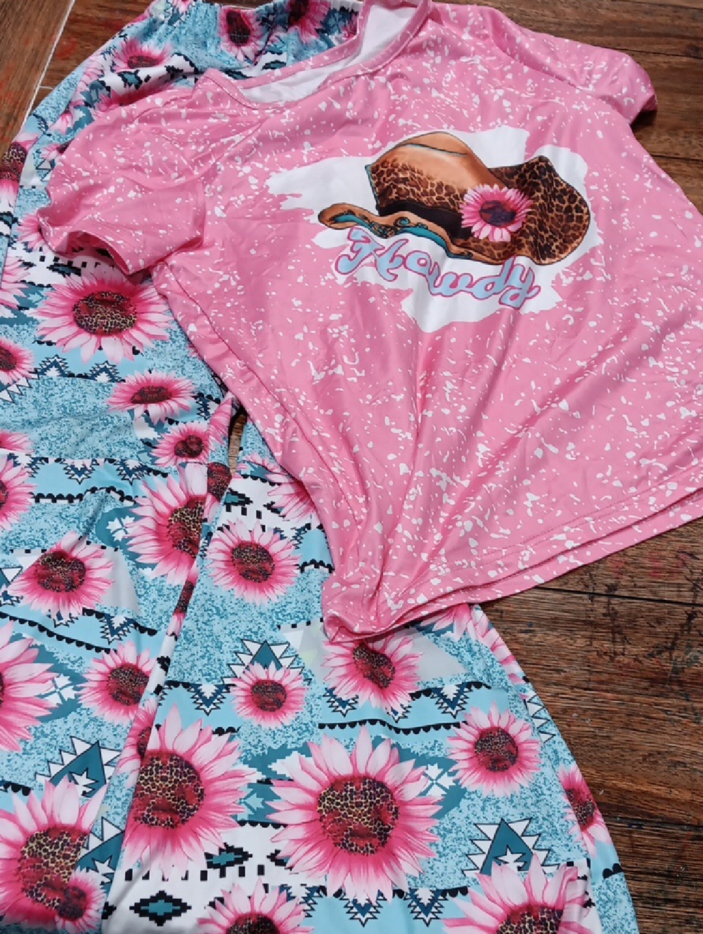 Kids Pink Sunflower Pant Set - Pink Floral Top & Blue Floral Pants